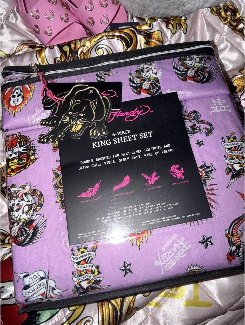 Ed Hardy King Sheet Set 6 Pc Purple Tattoo Collage Skull Bird Dragon Bedding New